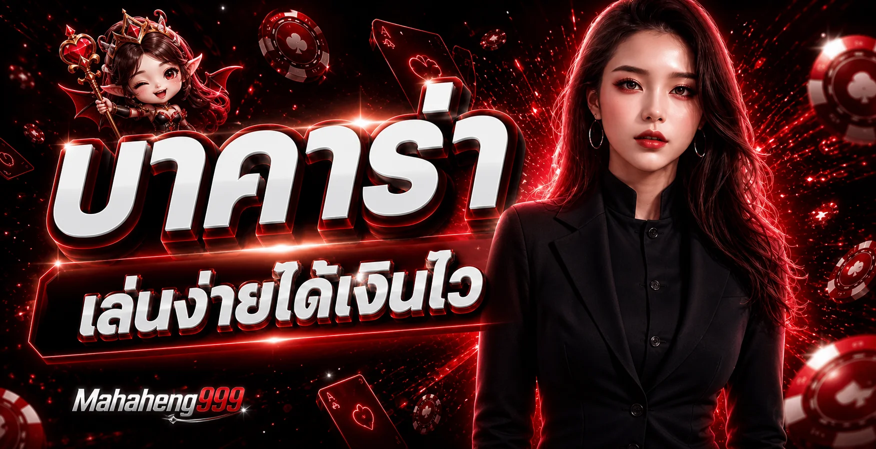 Mahaheng999 บาคาร่าและคาสิโนสด พร้อมมาสคอตเกมในโทนแดงดำ