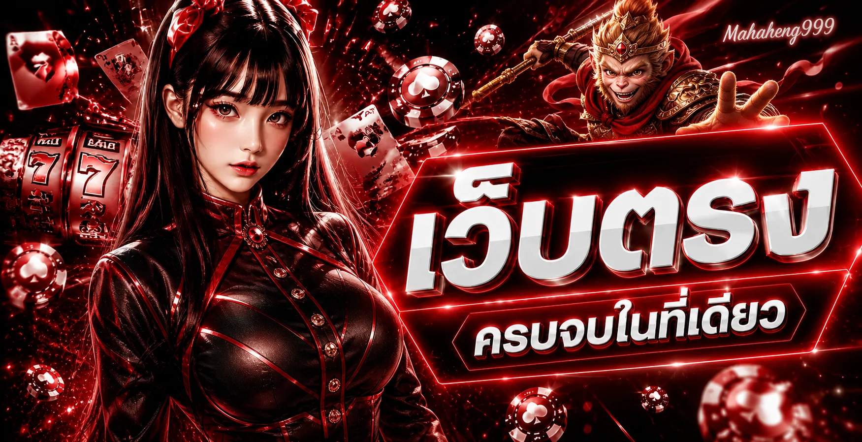 Mahaheng999 สล็อตเว็บตรง พร้อมตัวละครเกมและคาสิโนธีมแดงดำ